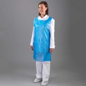 Pack 1000 delantales desechables de polietileno azul. Medidas 125x80 cm. Talla L.